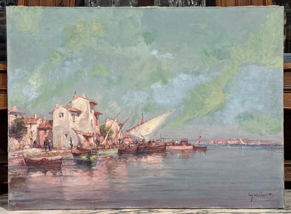 Emile Godchaux comparable auction result: emile godchaux 1860 1938 southern france port with buildings and boats oil on canvas unframed approx 67 5cm h x 92cm w