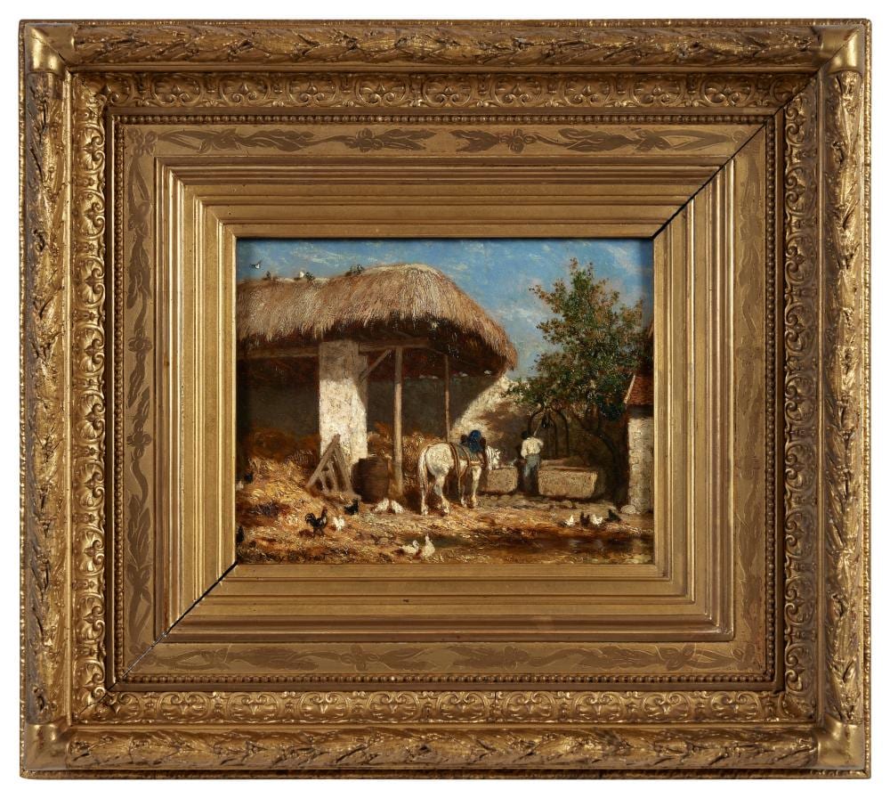 Jules Jacques Veyrassat comparable auction result: jules jacques veyrassat 1828 1893 cour de ferme anim e huile sur panneau sign en bas gauc
