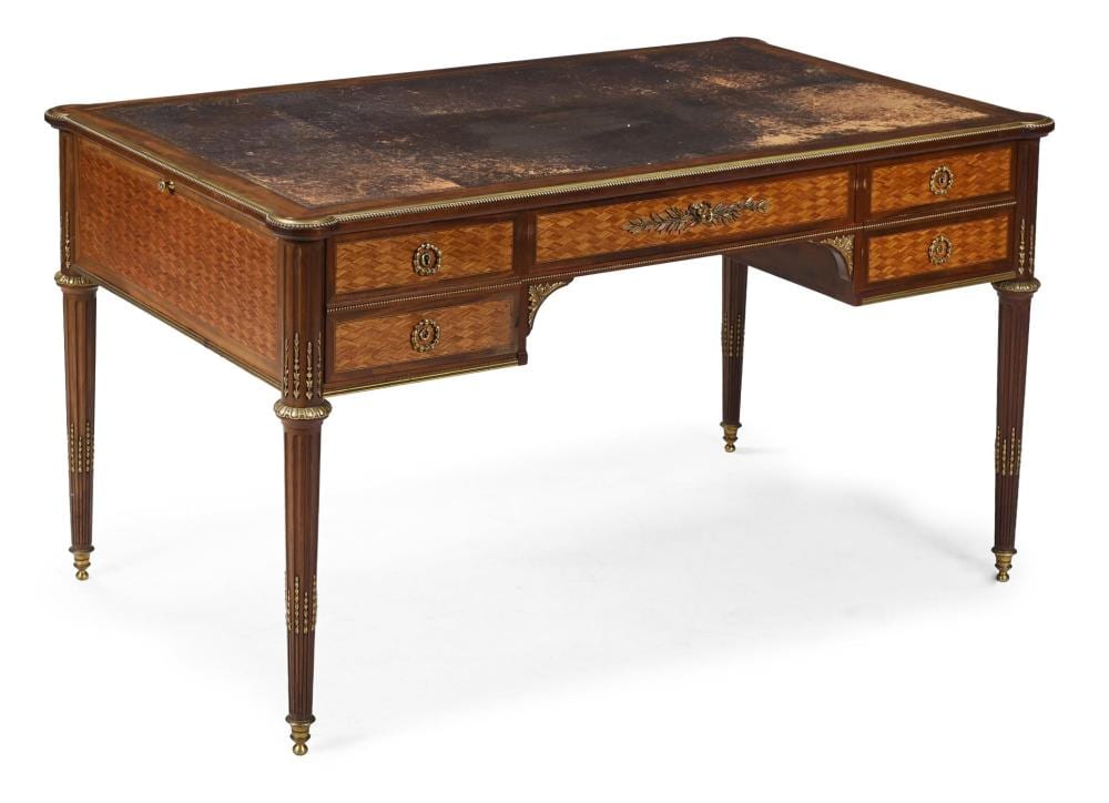 Francois Linke comparable auction result: a mahogany and bois satine parquetry ormolu mounted library or writing table by francois linke