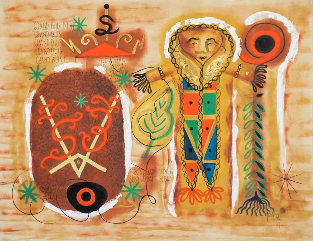 lo s mailou jones american 1905 1998 grande bois d illet casein ink and gold leaf on paper unframed sheet size 20 x 26 in 50 8 x 66 cm · Weschler's · 2026-03-27 Loïs Mailou Jones comparable auction result: lo s mailou jones american 1905 1998 grande bois d illet casein ink and gold leaf on paper unframed sheet size 20 x 26 in 50 8 x 66 cm