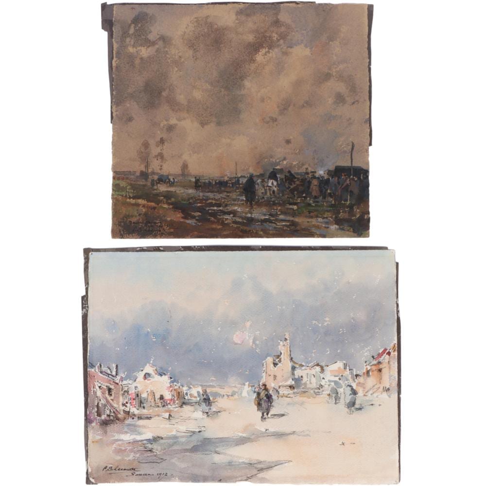 Paul Emile Lecomte, French (1877-1950), 2 Orientalist village scene landscapes, 1907/1917, watercolor on paper, 10"H x 14"W (larger painting measured) sold by Ripley Auctions, lot 44 — auction record photograph