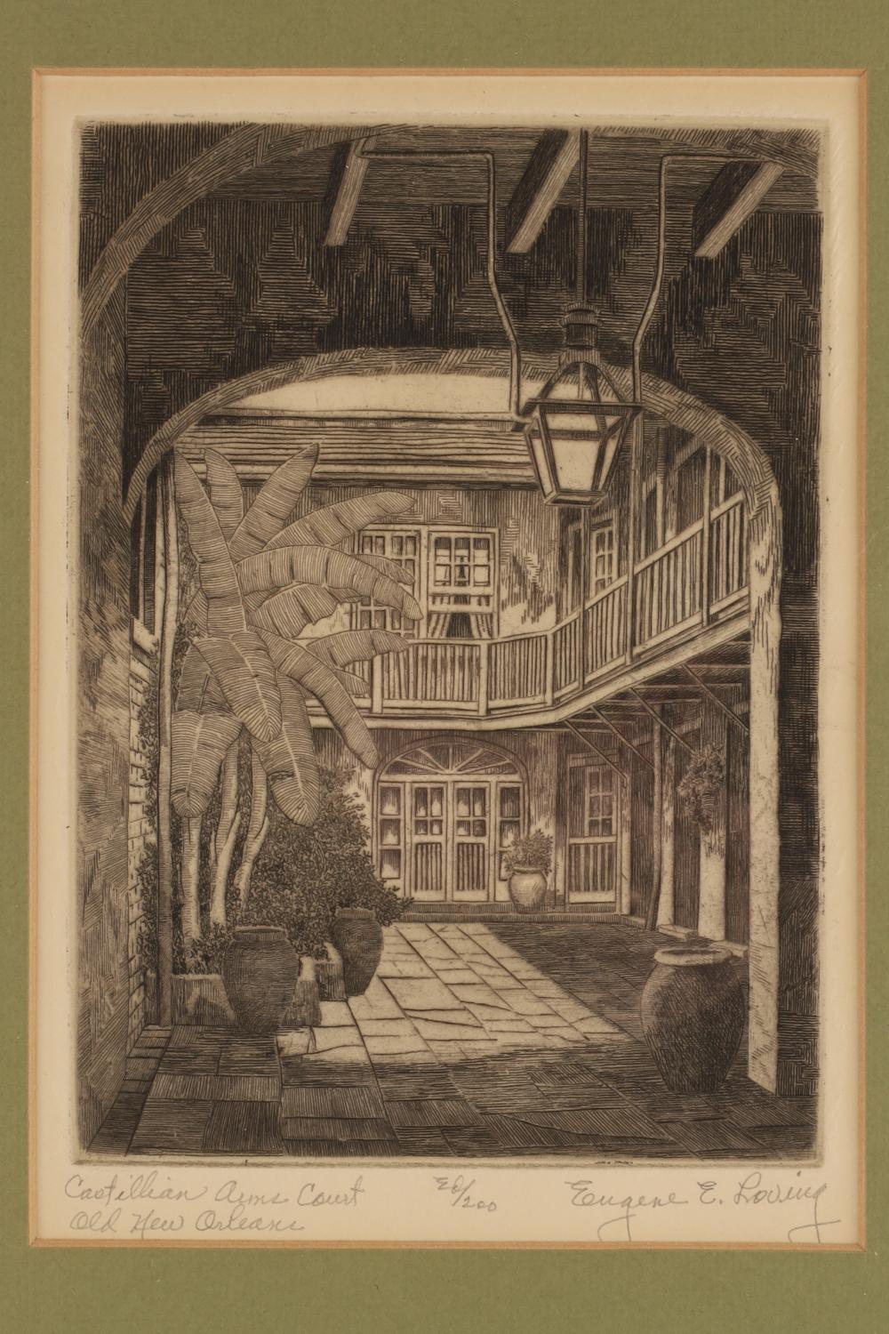 eugene e loving 1908 1971 castilian courtyard old new orleans etching ed 200 · Kavanagh Auctions · 2026-03-21 Eugene E. Loving comparable auction result: eugene e loving 1908 1971 castilian courtyard old new orleans etching ed 200