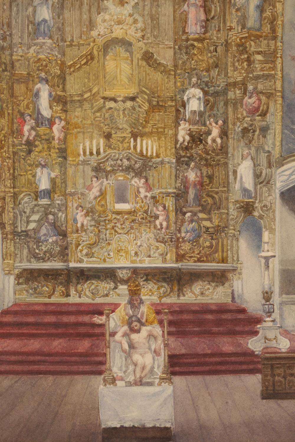 Leandro Izaguirre comparable auction result: leandro izaguirre mexico 1867 1941 watercolour of baroque church interior with christ framed