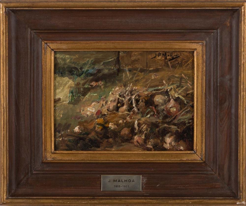 José Malhoa comparable auction result: jos malh a 1855 1933 cebolas leo sobre madeira dim aprox 15 5 x 22 cm
