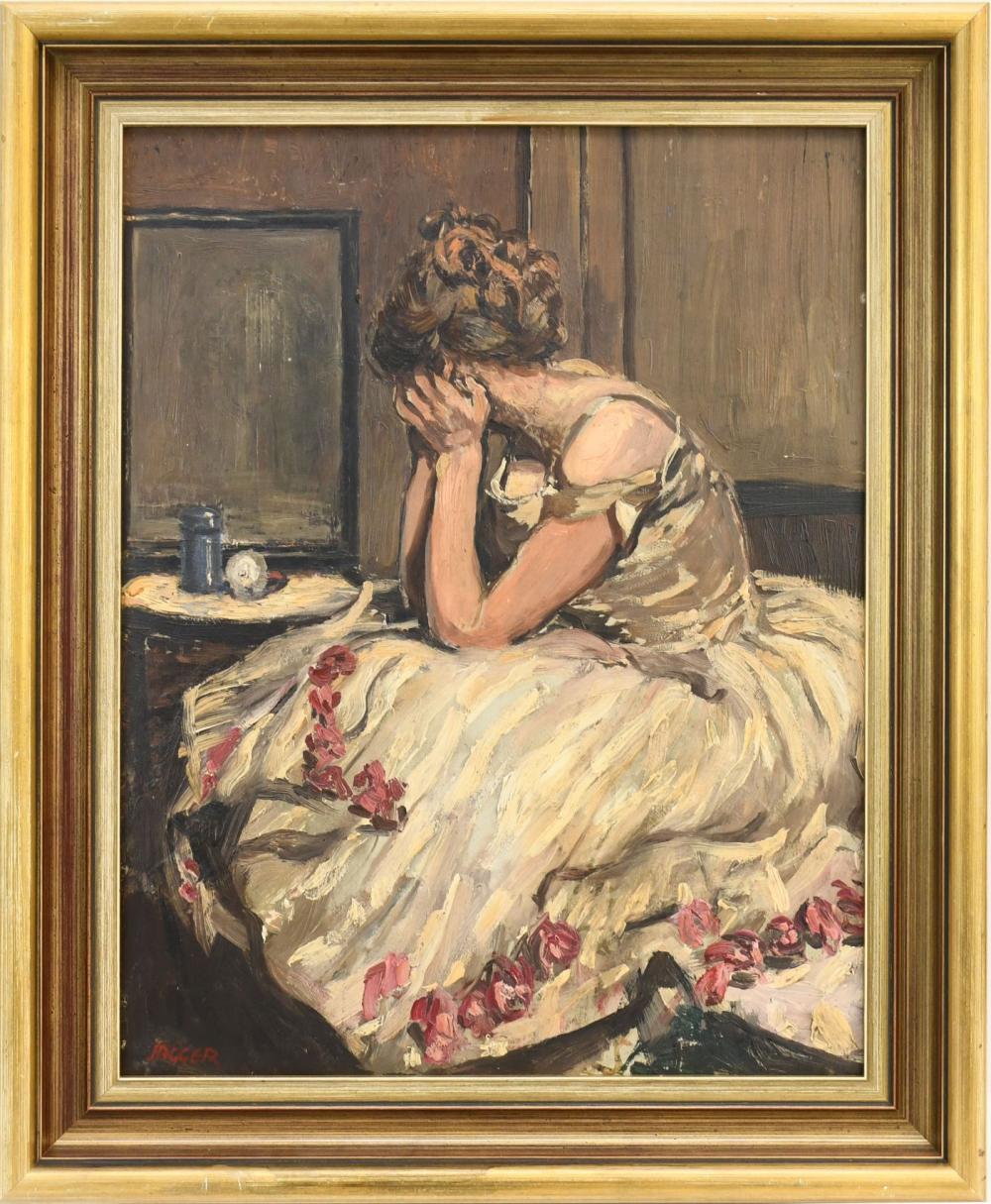 David Jagger comparable auction result: david jagger british 1891 1958 original oil painting on wood panel lady in interior 19 x 15 inches overall framed size 23 x 19 inches