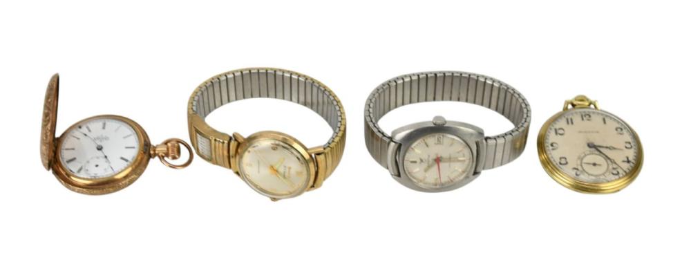 Pocket & Wrist Watch Lot. 2 pocket watches Elgrin 5245514 40mm and Hamilton 3437047 45mm needs service. Wrist watches Croton and Bulova both working croton has scatches on crystal. sold by Bill Hood & Sons Arts & Antiques Auctions, lot 503 — auction record photograph