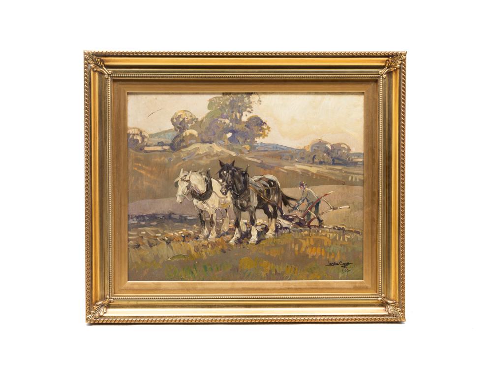Leslie Cope comparable auction result: leslie cope american 1913 2002 oil on board of plowing horses dated 1950 frame 22 h 26 w board 18 h 22 w