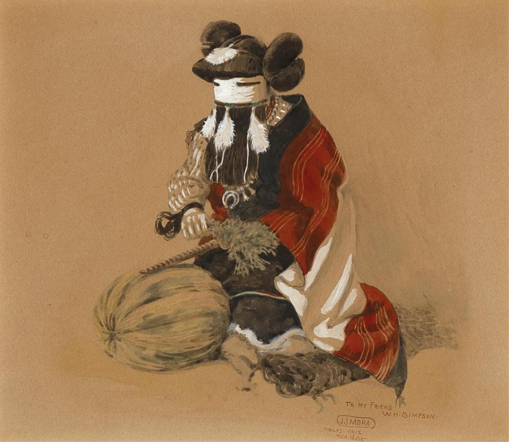 joseph jacinto mora hopi woman preparing for harvest dance 1905 · Santa Fe Art Auction · 2026-03-11 Joseph Jacinto Mora comparable auction result: joseph jacinto mora hopi woman preparing for harvest dance 1905