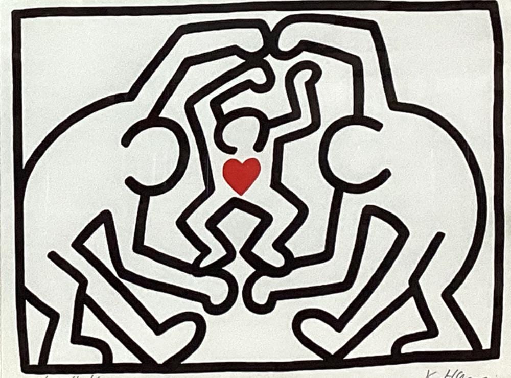 Colorful cartoon-style print showing a central figure with red heart and abstract shapes, outlined in black on a white background.