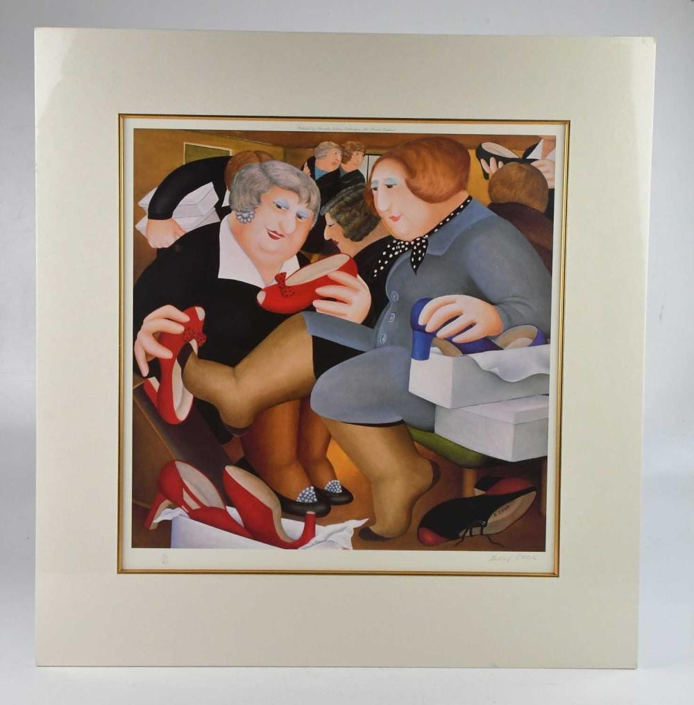 Beryl Frances Cook comparable auction result: beryl cook 1926 2008 pencil signed limited edition print shoe shop numbered 511 650 46 x 45cm published by alexander gallery publications ltd bristol mounted