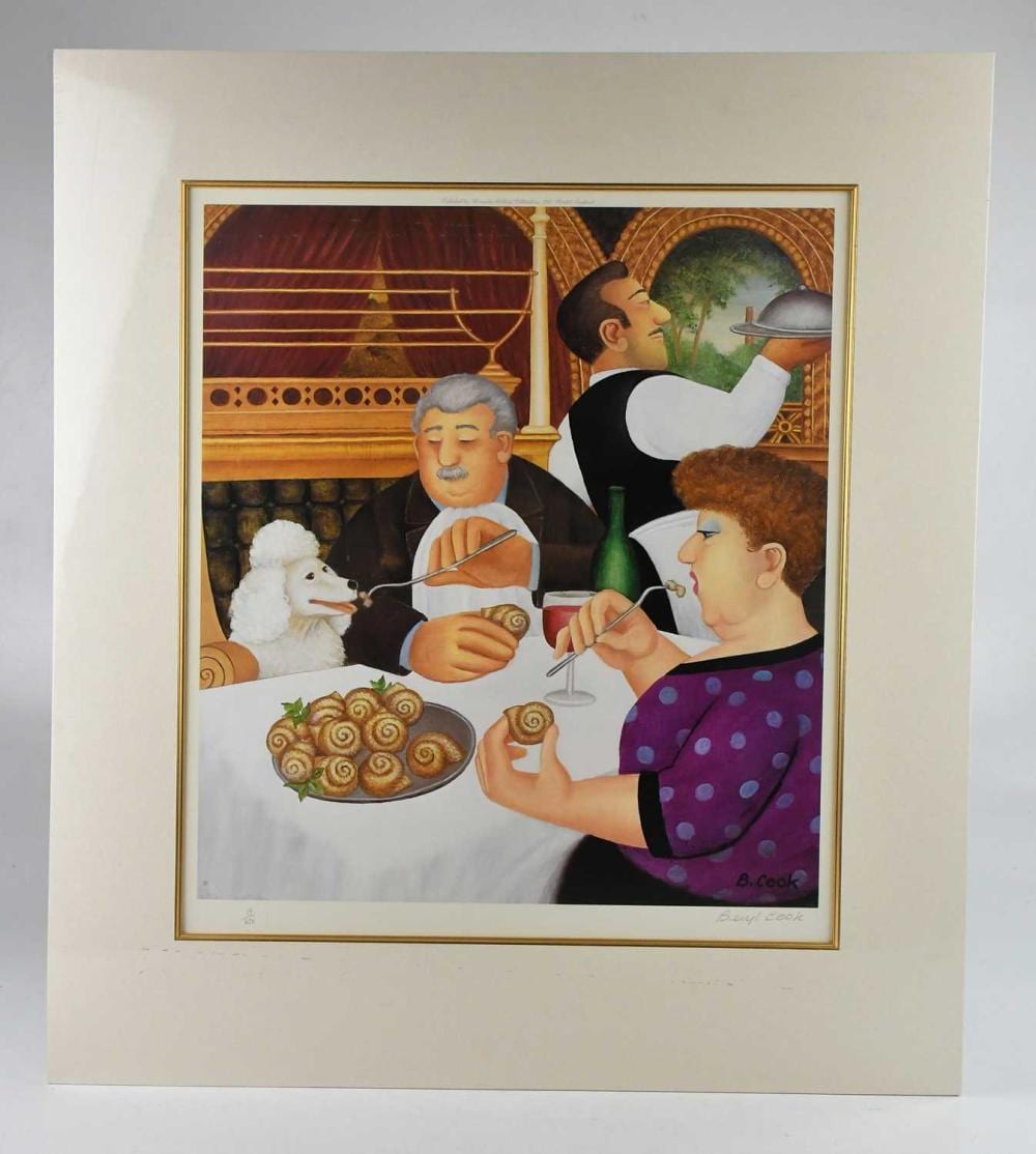 Beryl Frances Cook comparable auction result: beryl cook 1926 2008 pencil signed limited edition print dining in paris numbered 19 650 published by alexander gallery publications ltd bristol 49 x 43cm mounted