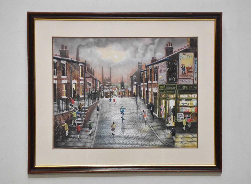 bernard mcmullen 1952 2015 pastel street scene with children and figures signed 50 x 85cm framed and glazed · Adam Partridge Auctioneers · 2026-03-14 Bernard McMullen comparable auction result: bernard mcmullen 1952 2015 pastel street scene with children and figures signed 50 x 85cm framed and glazed