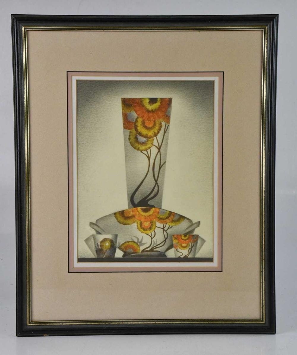 Trevor Grimshaw comparable auction result: trevor grimshaw 1947 2001 watercolour rhodanthe group clarice cliff series signed bears label verso 26 x 20cm framed and glazed