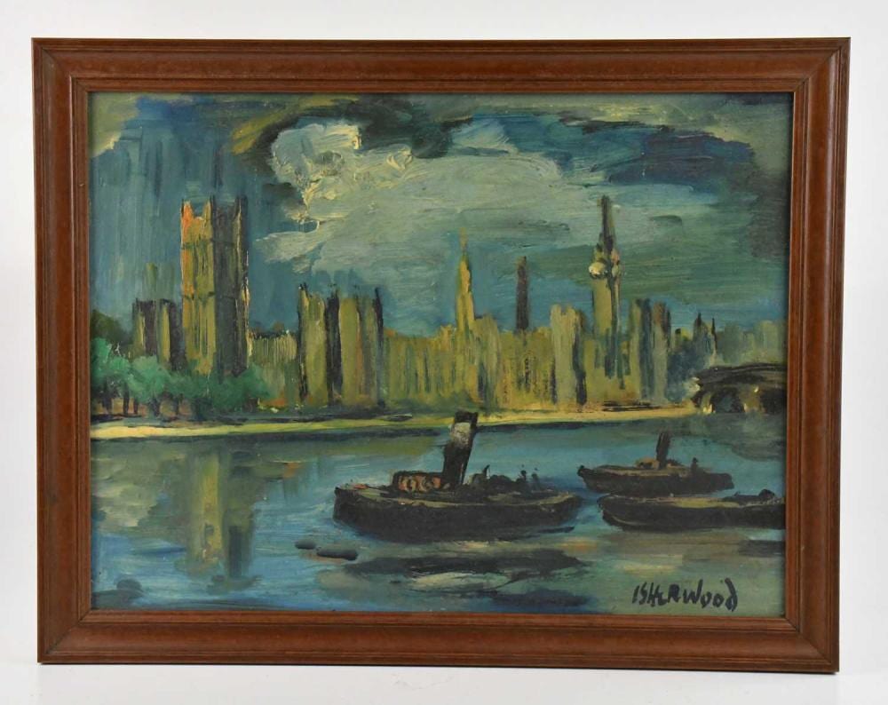 James Lawrence Isherwood comparable auction result: james lawrence isherwood 1917 1989 oil on board houses of parliament thames signed inscribed verso 30 x 40cm framed