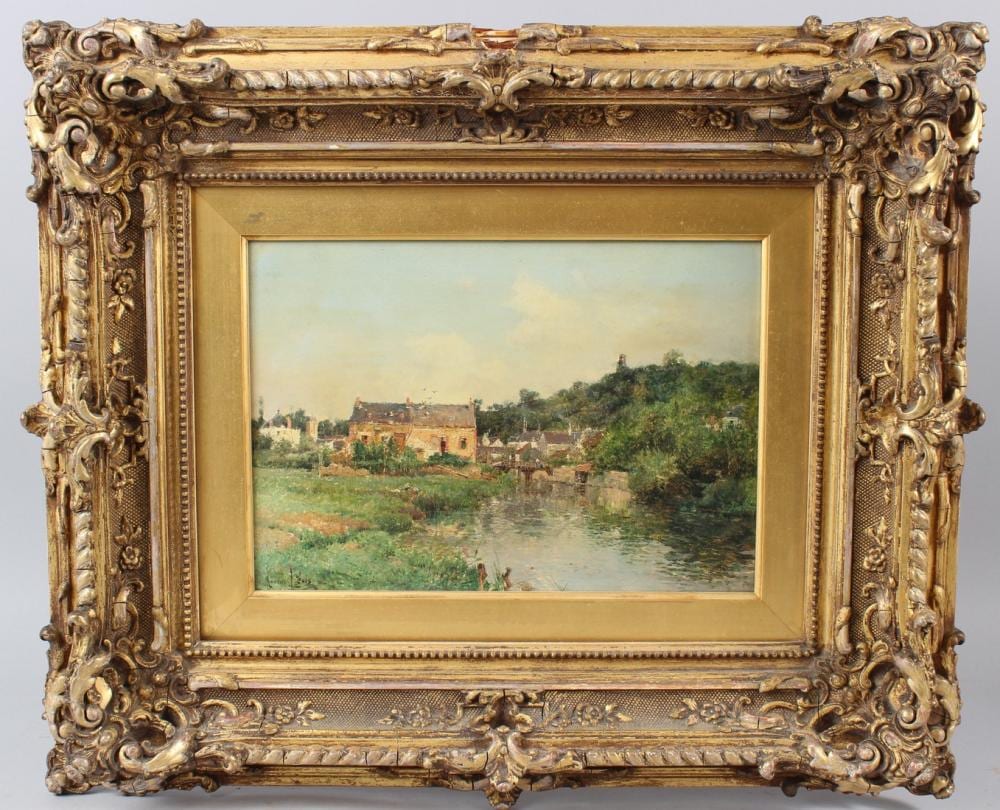 Maurice Lévis comparable auction result: maurice l vis 1860 1940 french village on a river oil on board signed labels verso 18 x 28cm