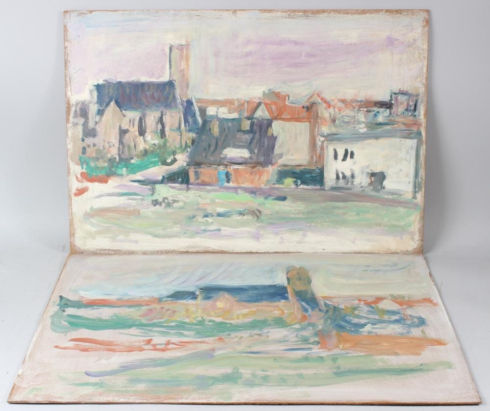 George Weissbort comparable auction result: george weissbort 1928 2013 views of a town two oil on boards unframed 50 x 73cm and 54 x 73cm 2