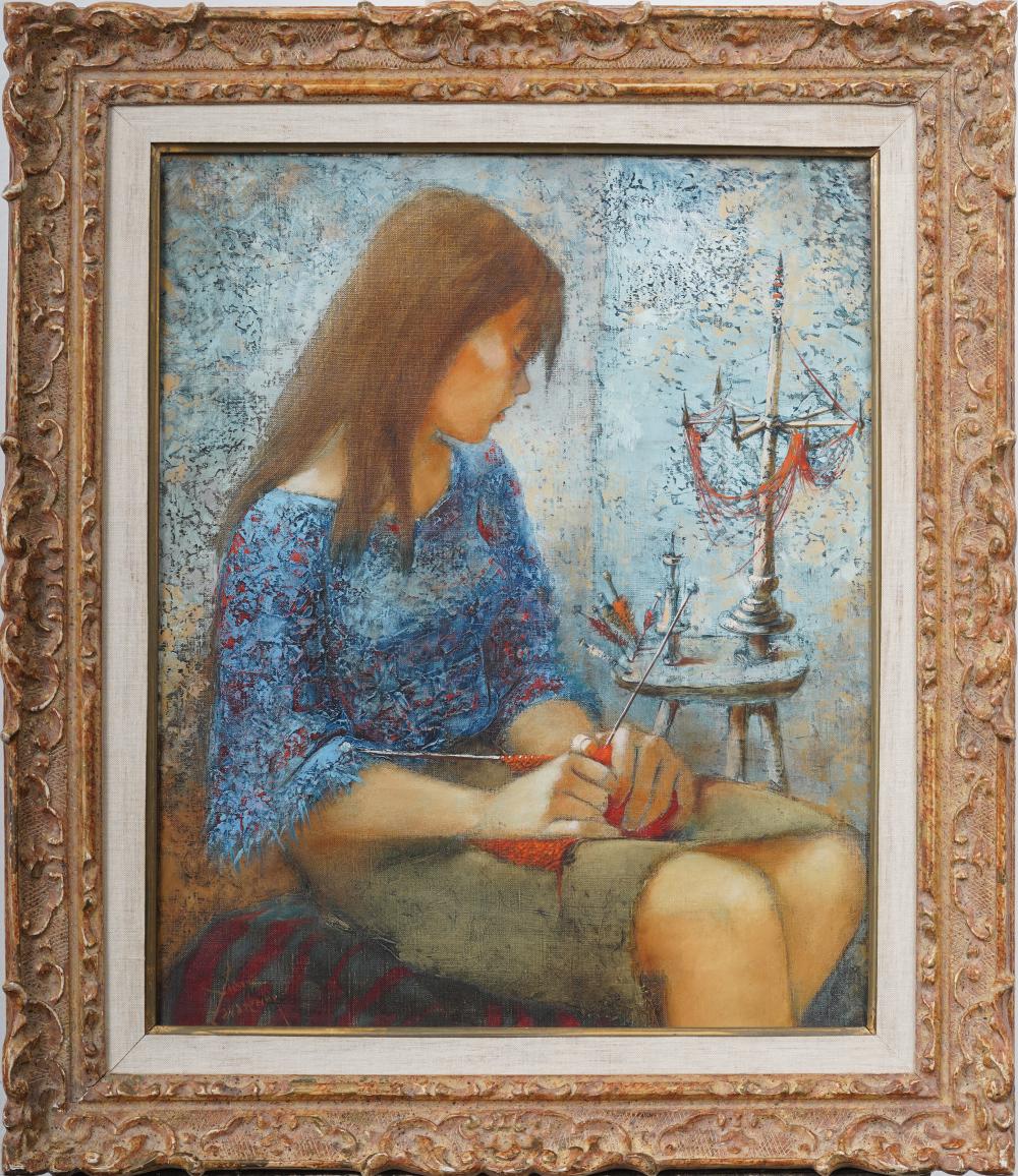Pierre Lavarenne comparable auction result: pierre lavarenne b 1928 french modernist knitting woman portrait original framed oil painting
