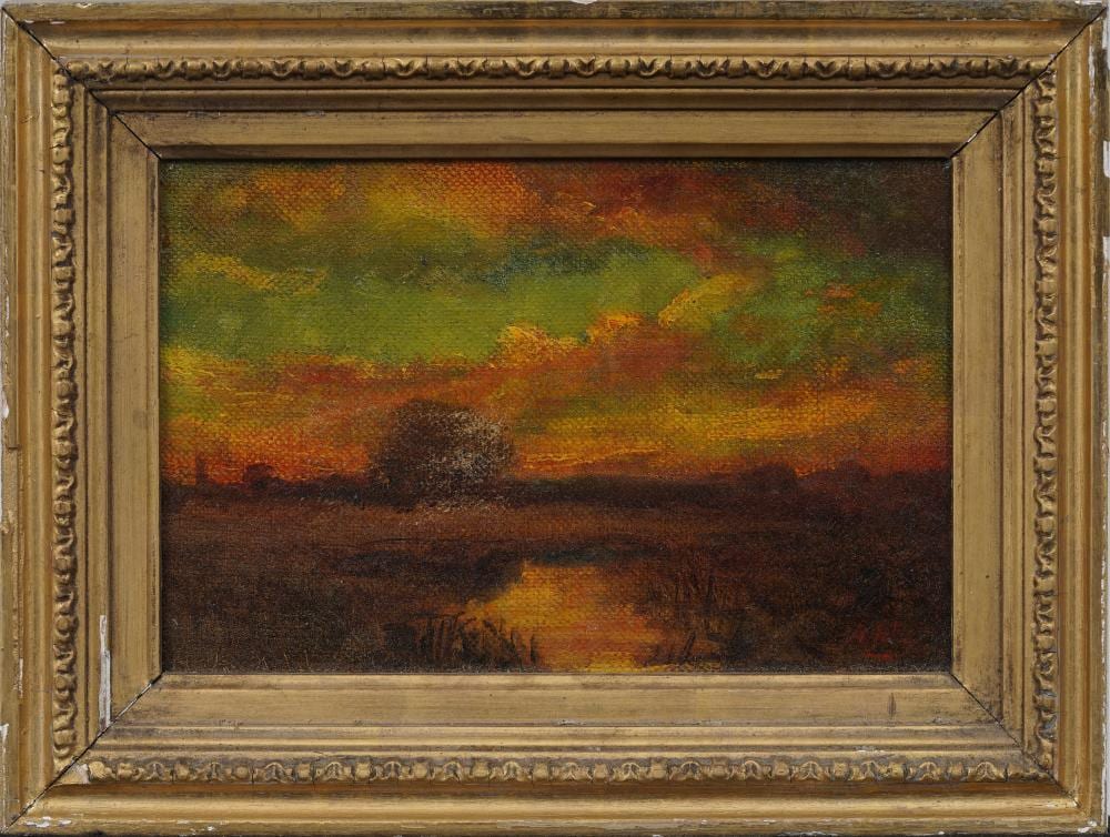 Henry Hammond Ahl comparable auction result: henry hammond ahl 1869 1953 signed american blazing sunset framed landscape oil painting