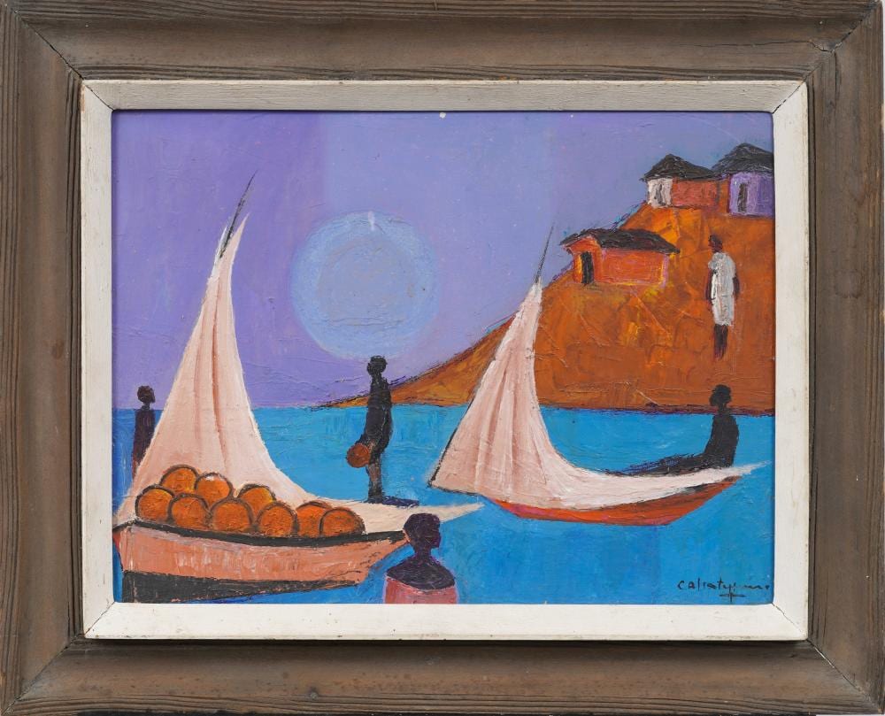 Henri Calixte comparable auction result: henri calixte 1933 2010 vintage haitian moonlit sailboat fruit transport original oil painting