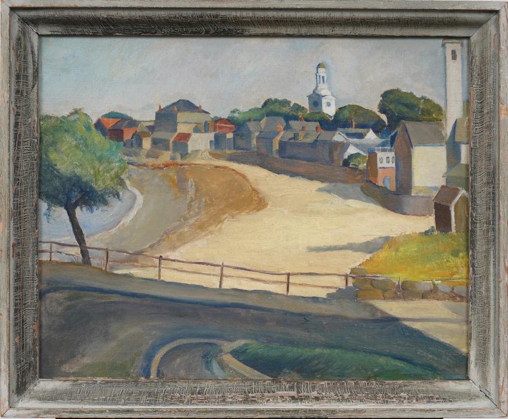 Vintage American Coastline Beach Scene Summer Town Original Framed Modernist Oil Painting sold by Curated Gallery Auctions, lot 232 — auction record photograph