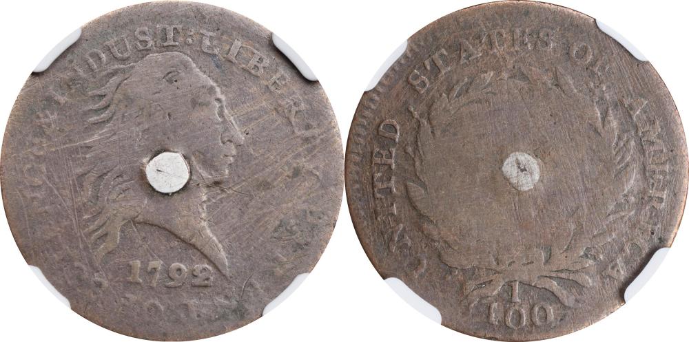 1792 Cent. Silver Center. Judd-1, Pollock-1. Rarity-6+. Copper with "Silver" Plug. Reeded Edge. VG Details--Repaired, Scratched (NGC). sold by Stack's Bowers Galleries, lot 3002 — auction record photograph
