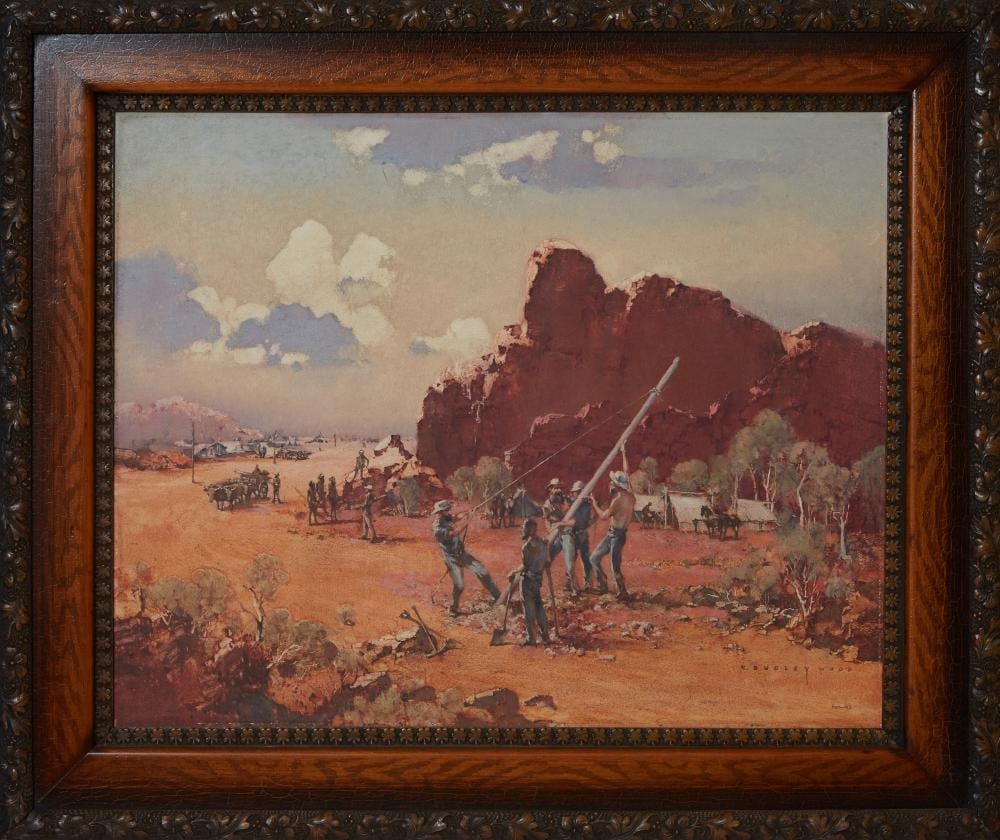 clifford dudley wood australian 1905 1980 constructing the overland telegraph 1871 h 24 in w 30 in framed h 32 1 2 in w 38 1 2 in · Crescent City Auction Gallery · 2026-03-26 Clifford Dudley Wood comparable auction result: clifford dudley wood australian 1905 1980 constructing the overland telegraph 1871 h 24 in w 30 in framed h 32 1 2 in w 38 1 2 in
