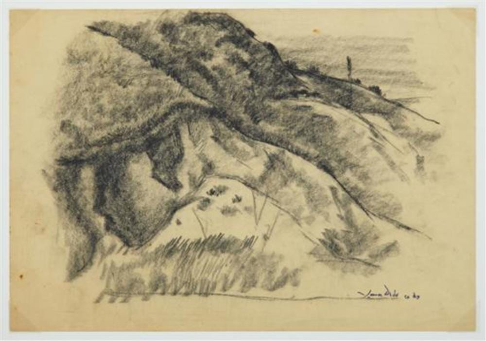 Lamar Dodd comparable auction result: lamar dodd 1909 1996 georgia landscape with hill 1959 charcoal signed and dated l r verso with certificate of authenticit
