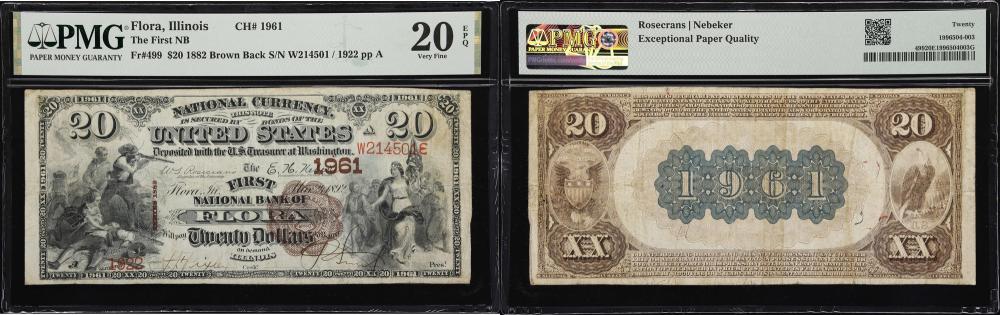 Flora Reid comparable auction result: flora illinois 20 1882 brown back fr 499 first nb charter 1961 pmg very fine 20 epq