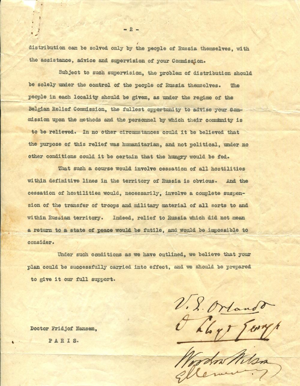 [PARIS PEACE CONFERENCE]: The Council of Four to Nansen ´ That such a course would involve cessation of all hostilities within definitive lines in the territory of Russia is obvious´ sold by International Autograph Auctions Europe, S.L., lot 1471 — auction record photograph