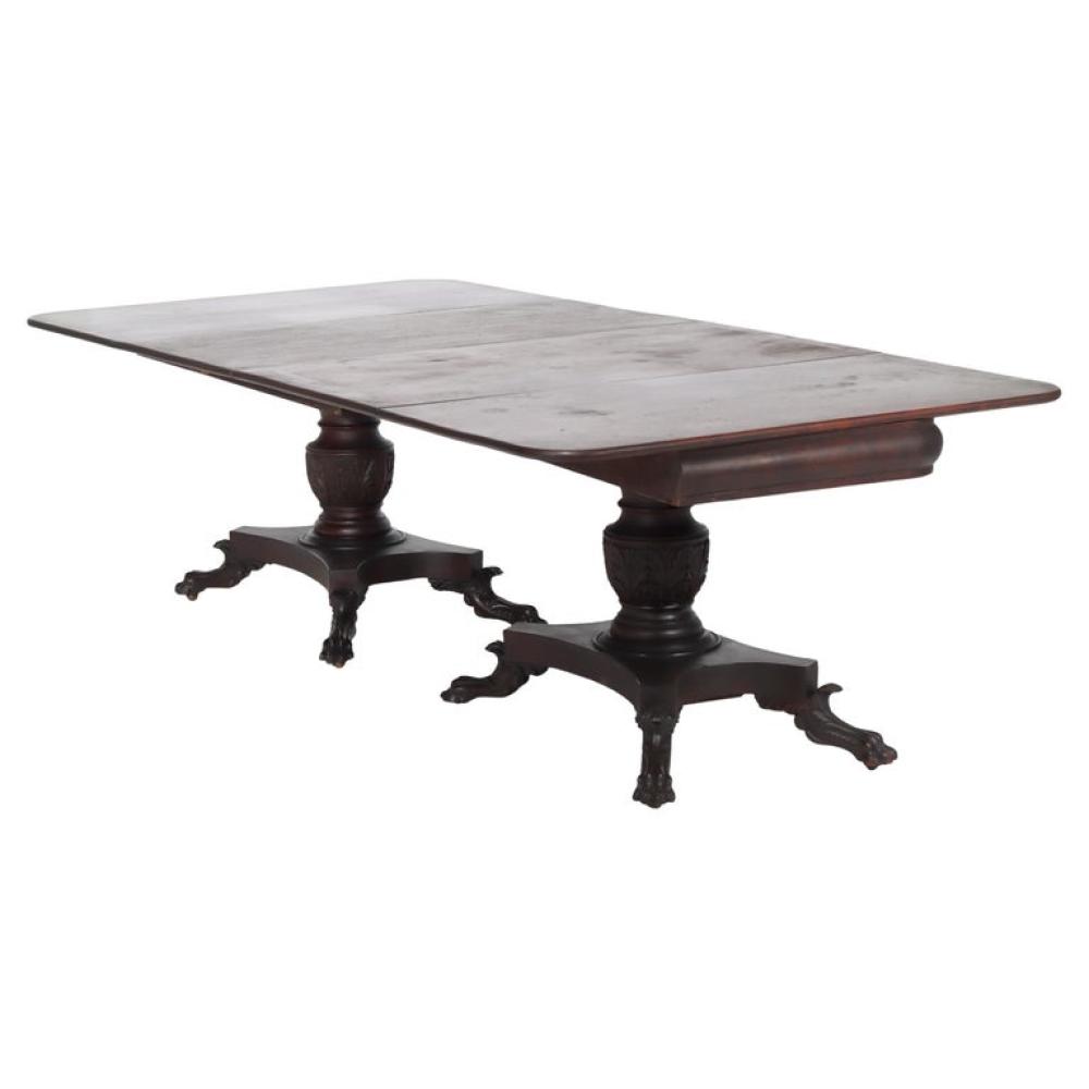 Quervelle attr Classical Carved Flame Mahogany 2-Piece Claw Foot Banquet Table sold by Winfield Auction Gallery, lot 3108 — auction record photograph