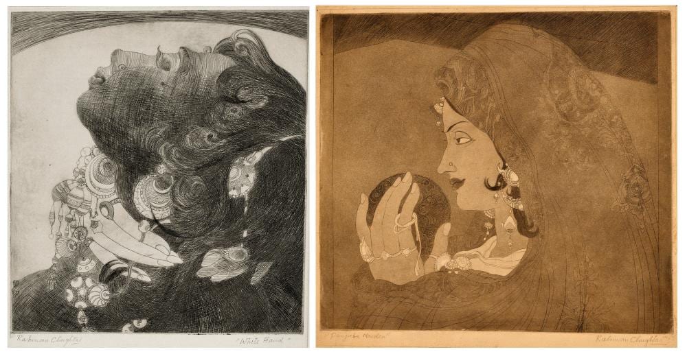 Abdur Rahman Chughtai comparable auction result: abdur rahman chughtai 1894 1975 white hand punjabi maiden aquatints on