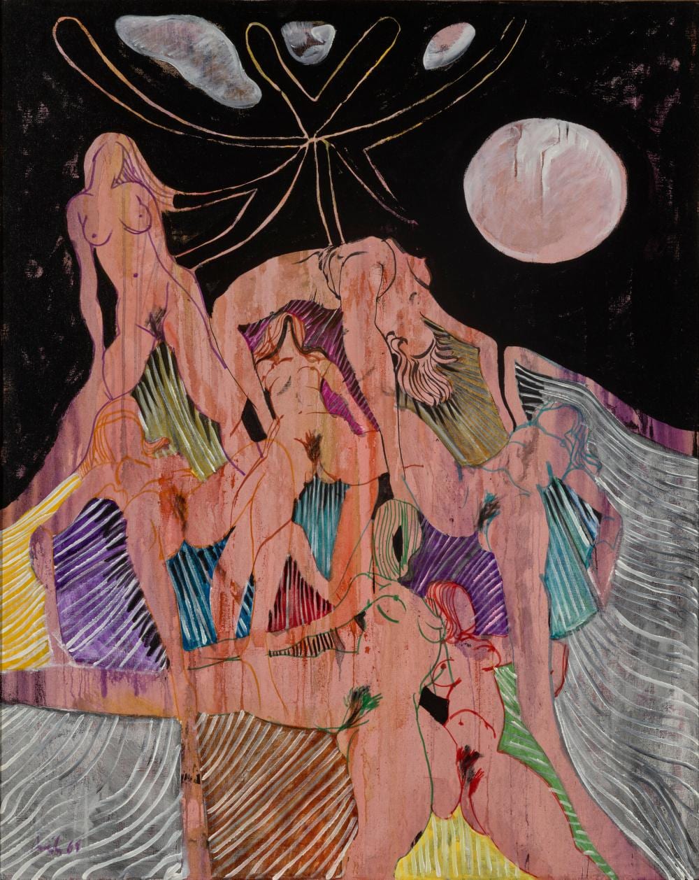 Avinash Chandra comparable auction result: avinash chandra 1931 1991 nymphs acrylic on canvas60 x 47 7 8 in 152