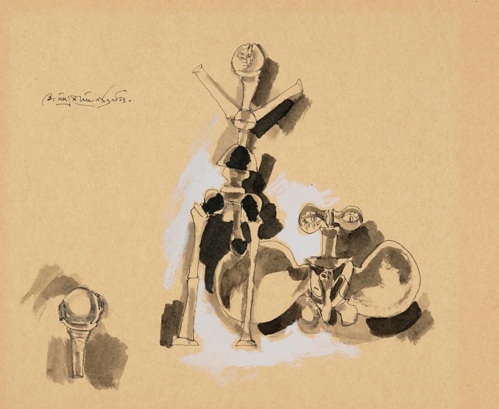 Laxma Goud comparable auction result: k laxma goud b 1940 untitled ceramic series ink and gouache on pape