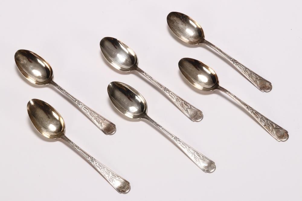Set of Six Scottish Victorian Sterling Silver Tea Spoons, sold by Aalders Auctions, lot 1286 — auction record photograph