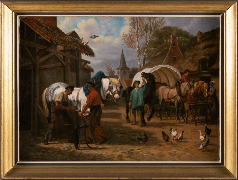 charles coumont belgium 1822 1889 continental village scene oil on canvas 18 x 25 framed 22 x 30 · Sandwich Auction House · 2026-04-15 Charles Coumont comparable auction result: charles coumont belgium 1822 1889 continental village scene oil on canvas 18 x 25 framed 22 x 30