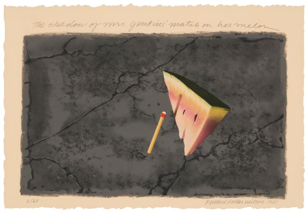 Donald Roller Wilson comparable auction result: donald roller wilson b 1938 the shadow of mrs jenkins match on her melon 1985