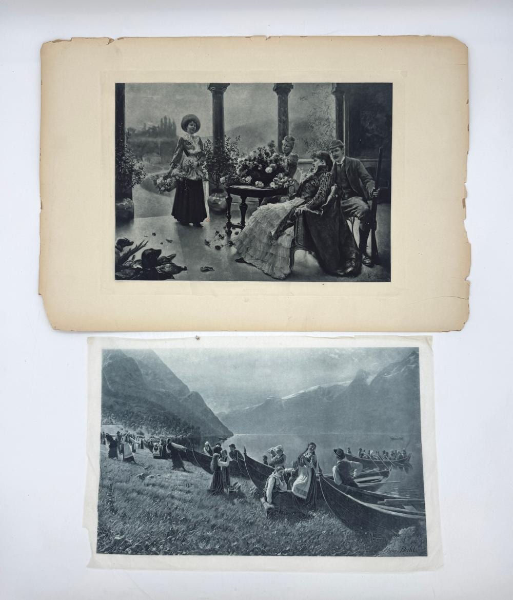 Hans Dahl comparable auction result: two antique engravings on tissue inc arrival to the church by hans dahl