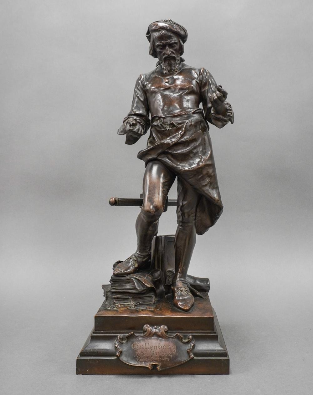Adrien Etienne Gaudez comparable auction result: adrien etienne gaudez french 1845 1902 guttenberg bronze statue signed on base 29 x 11 x 10 in 73 7 x 27 9 x 25 4 cm
