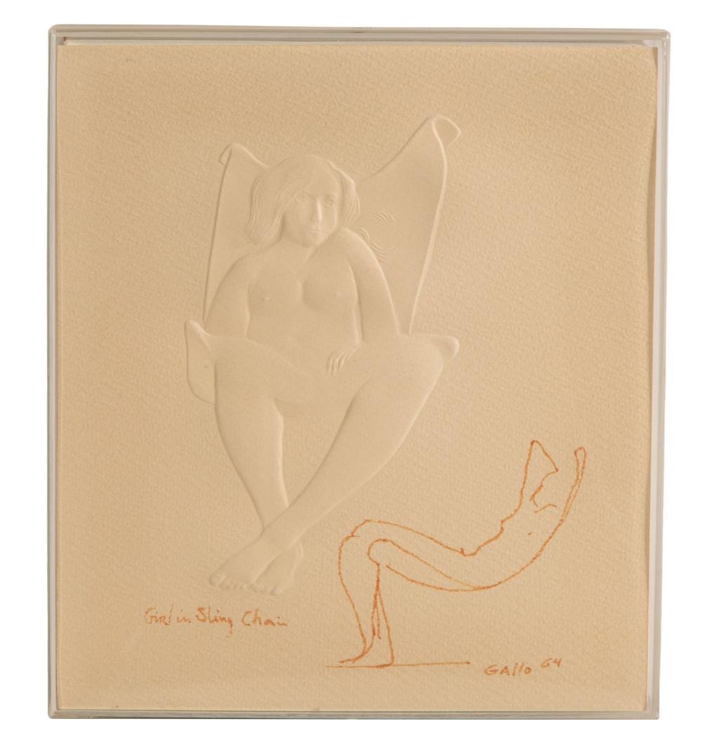 Frank Gallo comparable auction result: frank gallo american 1933 2019 girl in sling chair embossed and cast paper