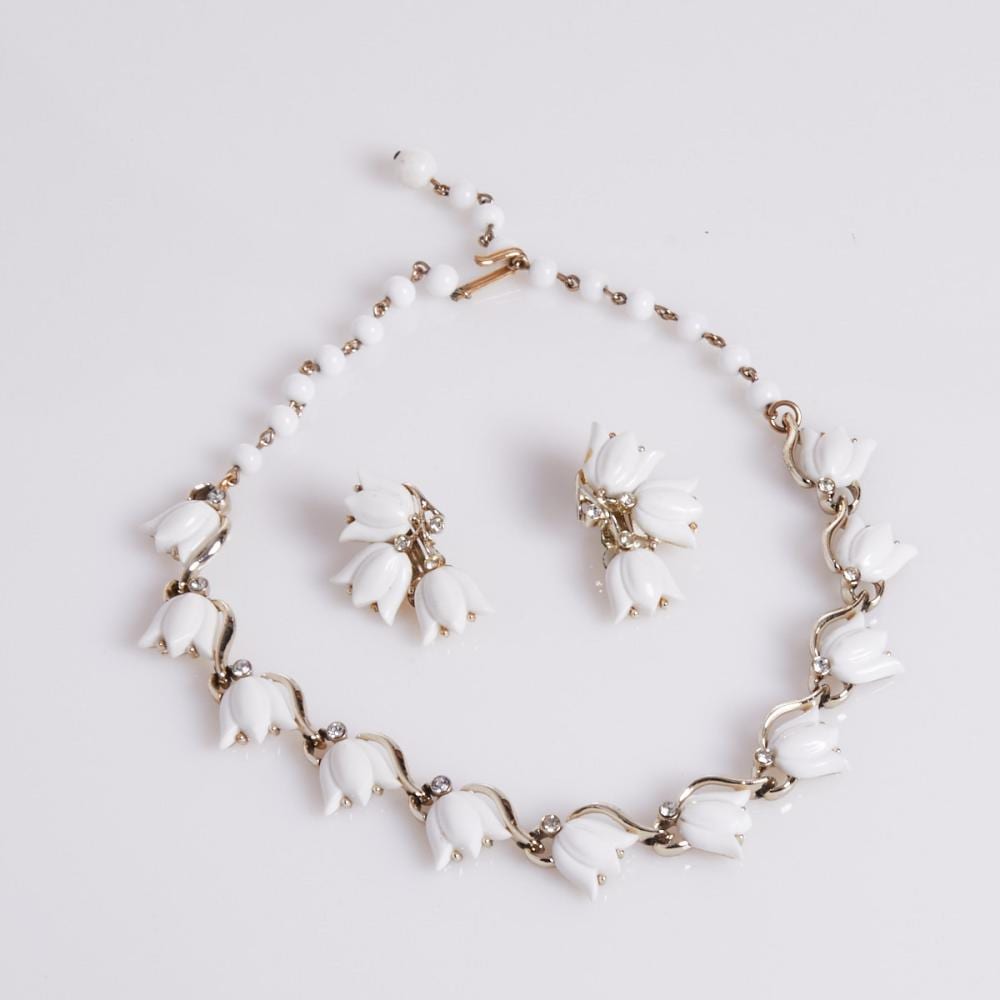 Claudette comparable auction result: claudette vintage white tulip necklace and a pair of ear clips