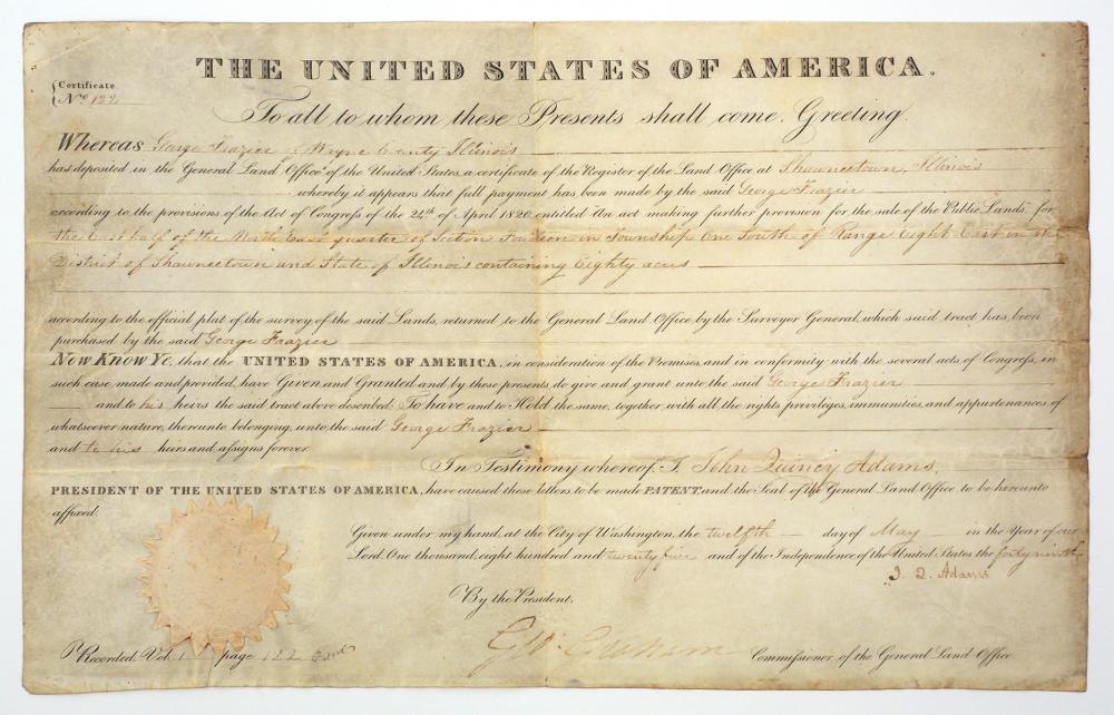 John Quincy Adams comparable auction result: john quincy adams 1825 signed land grant