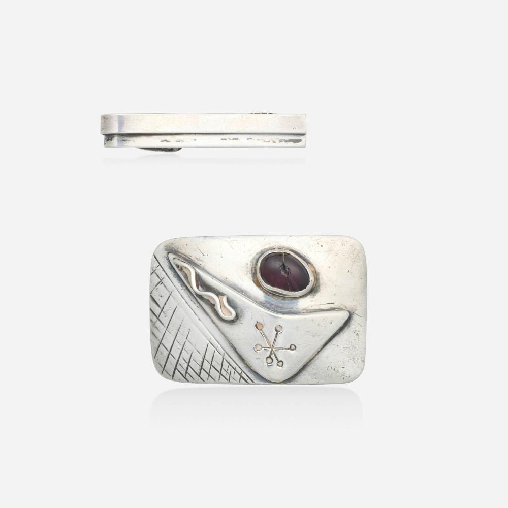 Ed Wiener comparable auction result: ed wiener silver and garnet belt buckle with tie bar