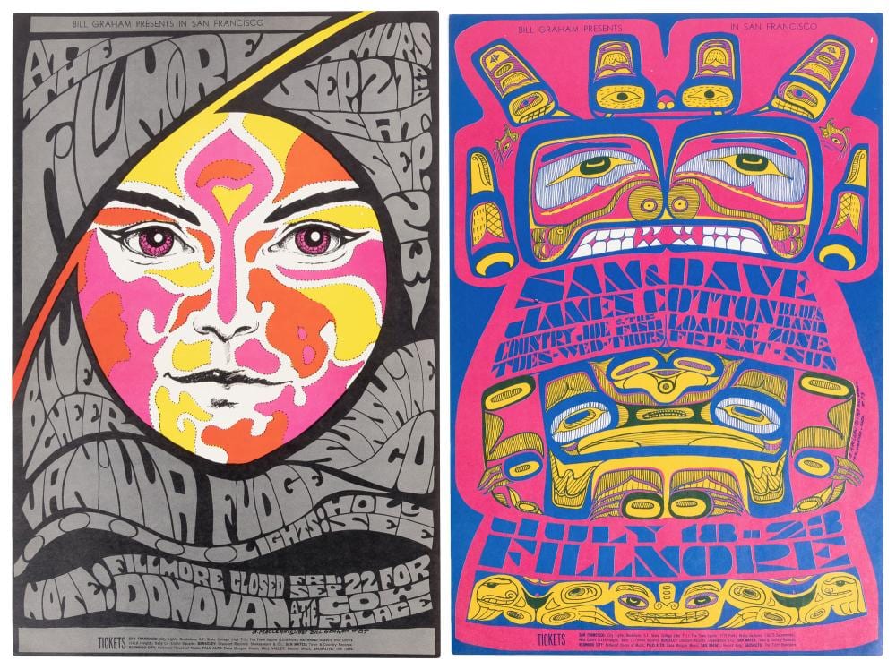 Bonnie MaClean comparable auction result: two 1967 bonnie maclean posters for bill graham bg 73 op 1 bg 84 op 1