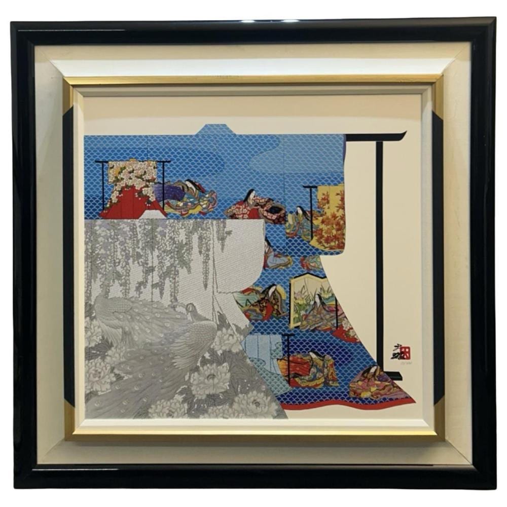 Framed colorful Japanese-style lithograph featuring kimono patterns and figures over a blue textured background.