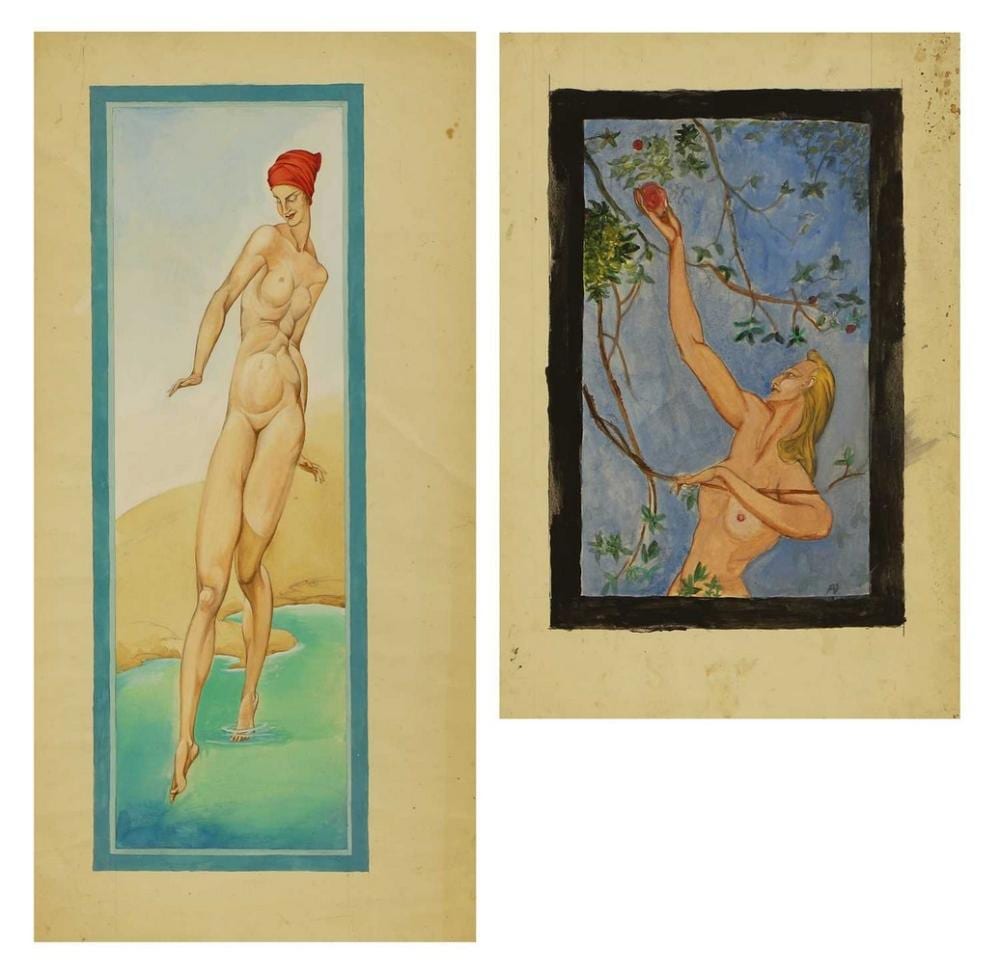 A. Victor O. Wood comparable auction result: albert victor ormsby wood irish british 1904 1977 two paintings one of a nude paddling the other of a nude picking fruit from a tree
