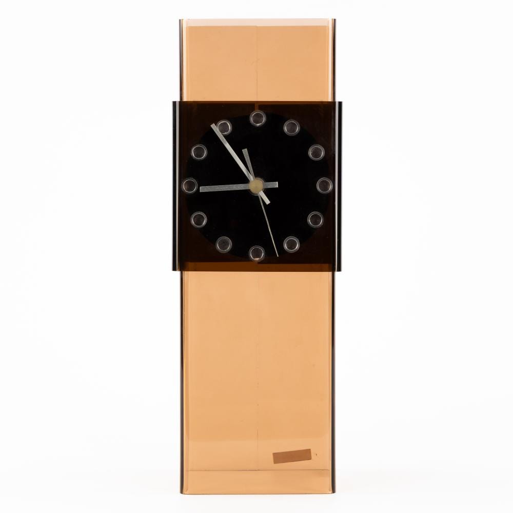 Michel Dumas comparable auction result: michel dumas xx xxi attr a table clock tinted lucite or plexiglass circa 1970