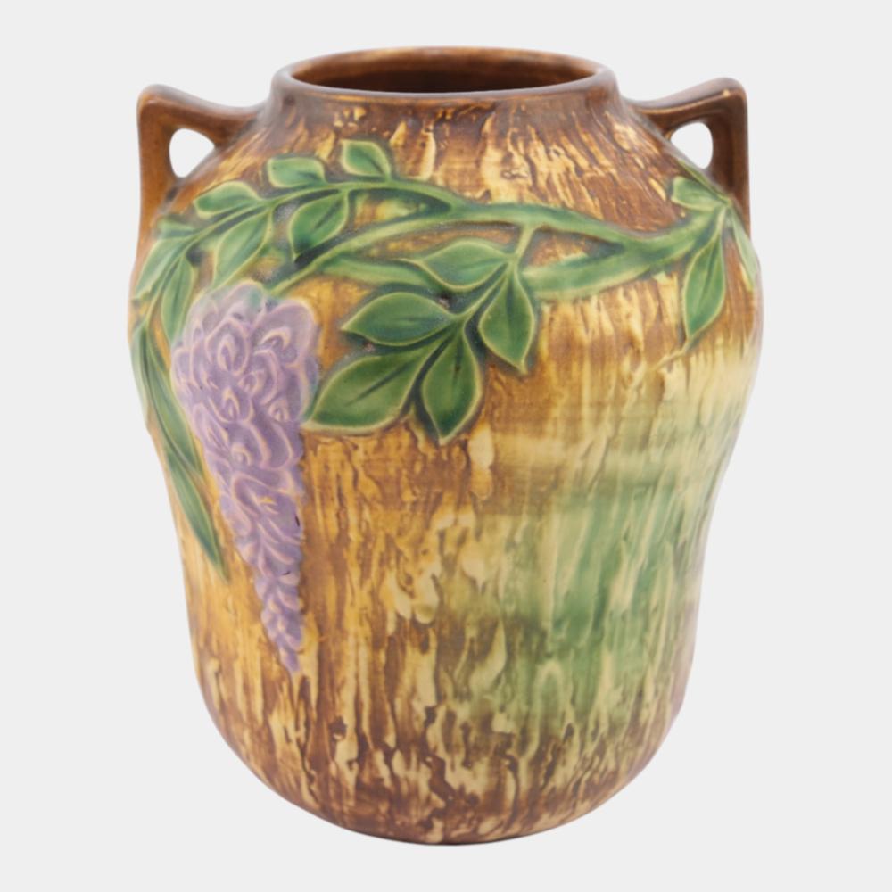 Roseville Wisteria Tan 1933 Vintage Art Deco Pottery Ceramic Vase 634-7 sold by Crafted Auctions, lot 352 — auction record photograph