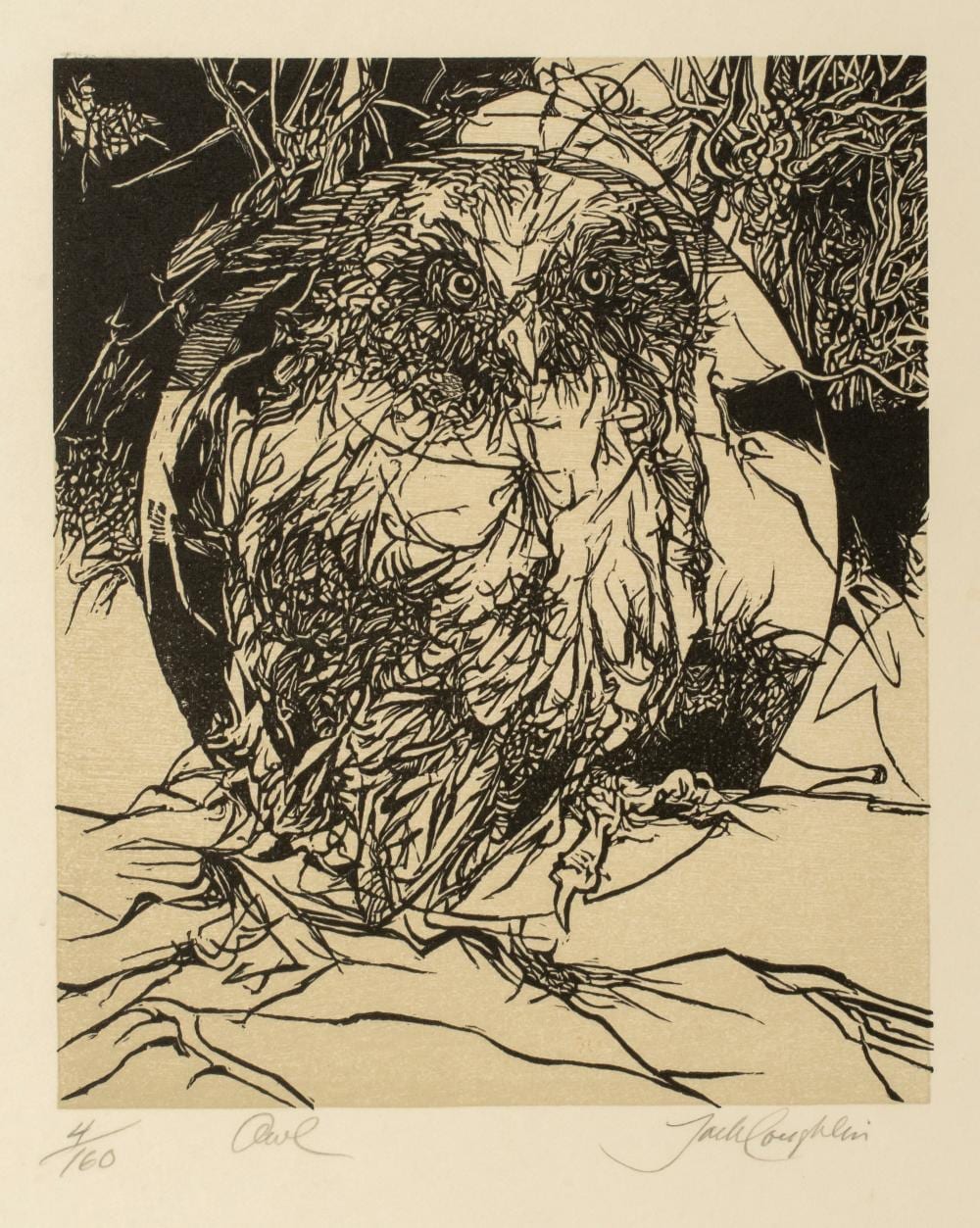 Jack Coughlin comparable auction result: jack coughlin b 1932 owl woodcut print 4 160 1970 s