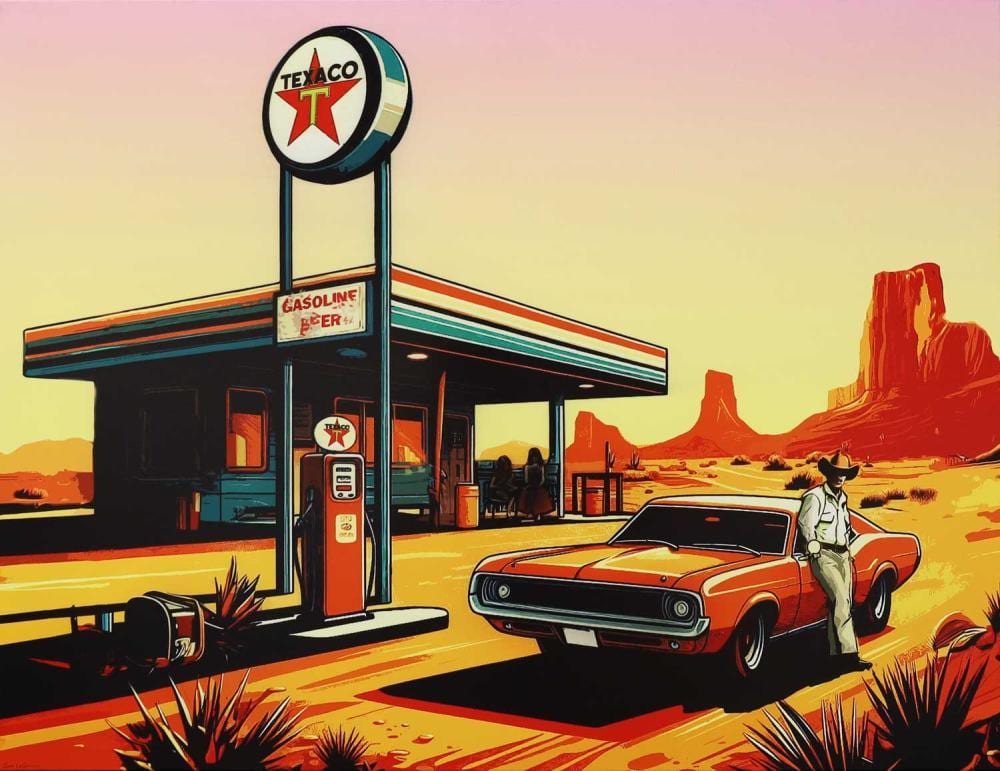 Jacques Lagrange comparable auction result: jack le grange arizona fuel stop mixed media on linen 100cm x 130cm