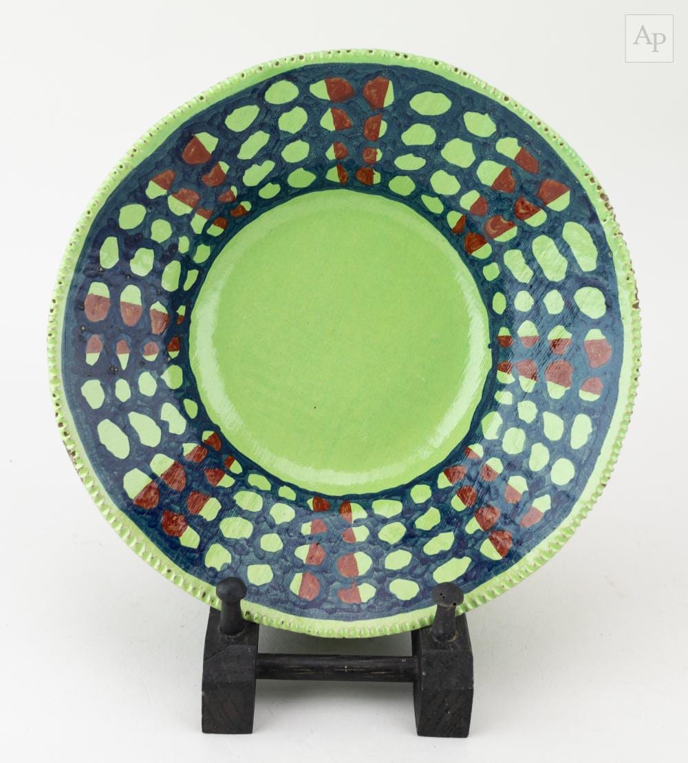 Hylton Nel comparable auction result: hylton nel born 1941 a tin glazed earthenware dish with dark blue and red decoration on lime green ground painted nh mark dated 1999 diameter 22cm